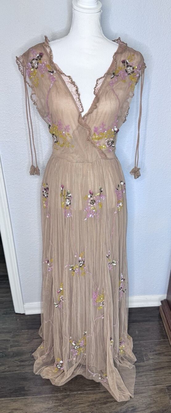Let Me Be NWT Kaira Maxi Dress SZ Medium Sheer Tan Floral Embellish Romantic